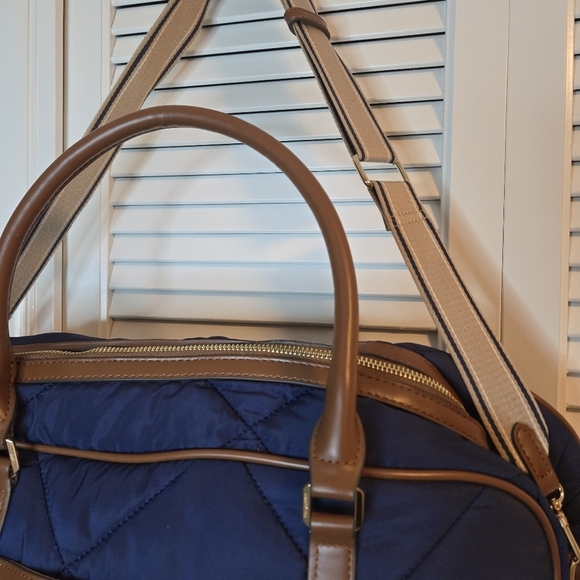 ANNE KLEIN Navy Quilted Weekender Bag Brown Faux Leather Dual Compartment 20x14 - Picture 3 of 13
